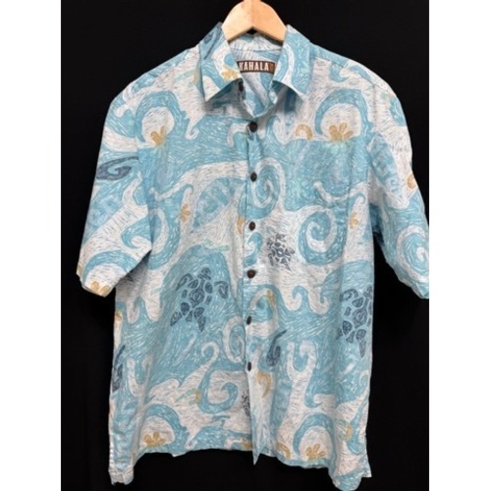 Kahala 1936 Blue Wave Print Short Sleeve Button Down Aloha Shirt Mens Large
